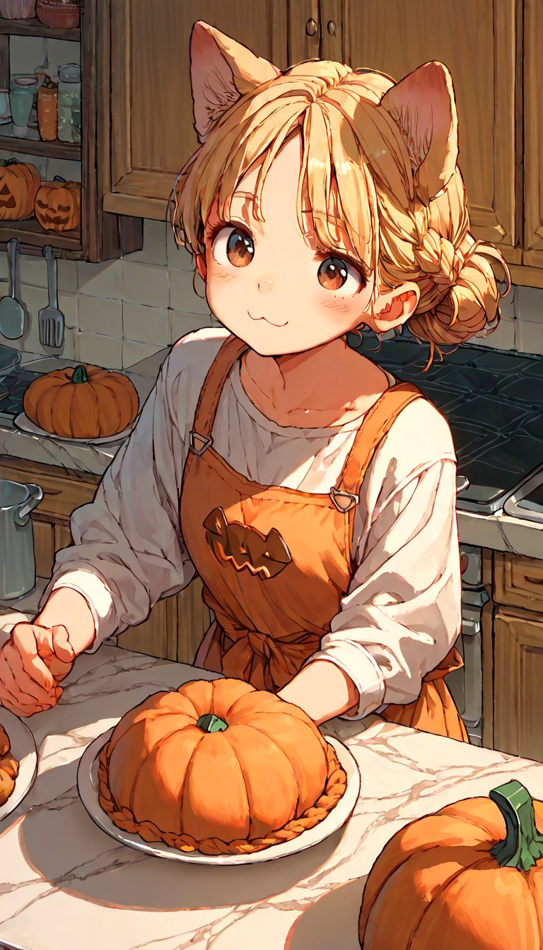 score_9, score_8up, score_7up, score_6up, score_5up,source_anime,cute,kawaii,1girl,solo,blonde hair,dog ears fluff,french braid,brown eyes,making Pumpkin pudding,indoors,kitchen,