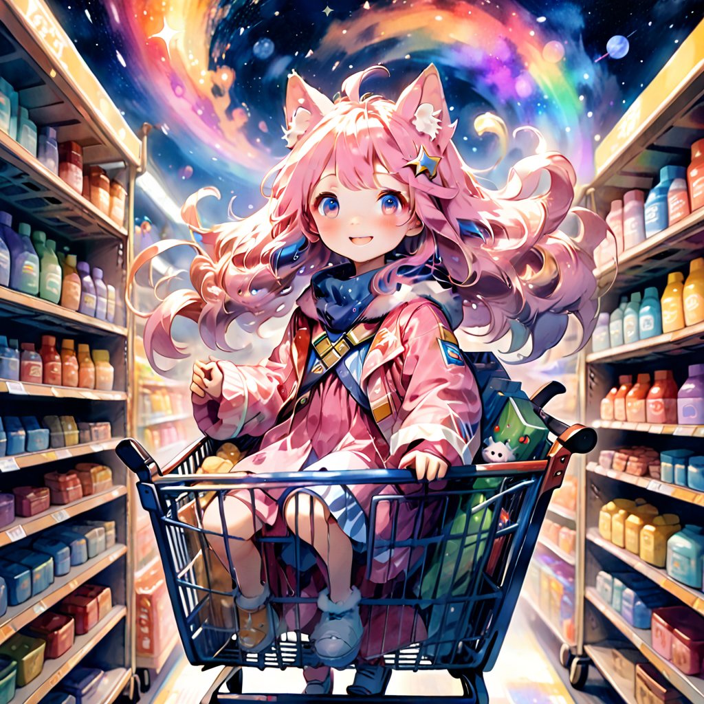 score_9_up, score_8_up, score_7_up,score_6_up,score_5_up,source_anime,masterpiece,best quality,illustration,cute,kawaii,1girl,solo,pink Iridescent hair,wofl girl,long hair,on shopping cart,The girl riding a shopping cart through warp space speeds forward as if cutting through the wind. Her hair dances in the breeze, and her eyes are filled with sparkle. Stars and galaxies spread out around the cart, creating a fantastical scene as if she is racing through the universe. Her smile is full of adventure, evoking a sense of limitless possibilities,source_furry,(furry:1.5),watercolor \(medium\),speed,speed_lines,(sense of speed:1.3)