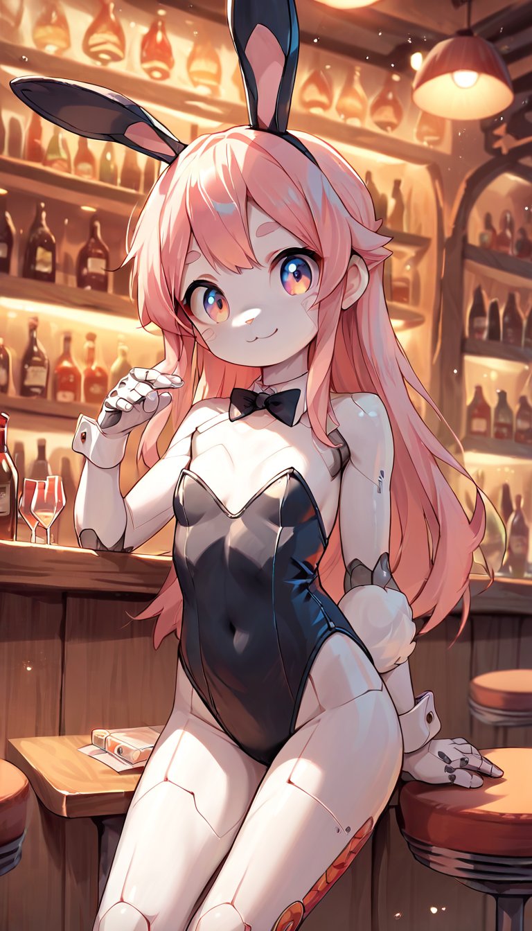 score_9_up, score_8_up, score_7_up,score_6_up,score_5_up,source_anime,masterpiece,best quality,illustration,cute,kawaii,1girl,solo,mechanical body,rabbit ears,playboy_bunny,indoors,bar,light smile,(petite:1.2),source_furry,