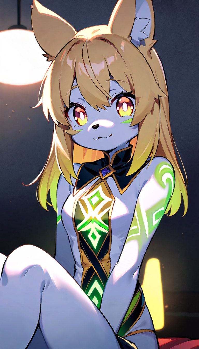 (furry:1.3),anthro,cute,kawaii,1girl,solo,dog ears,blonde hair,gradient brown eyes,indoors,(dark room:1.4),her body adorned with (glowing neon green zentangle heresy tattoos:1.4),The intricateilluminate the shadows around her,(upper face:1.3),high-contrast anime-style,