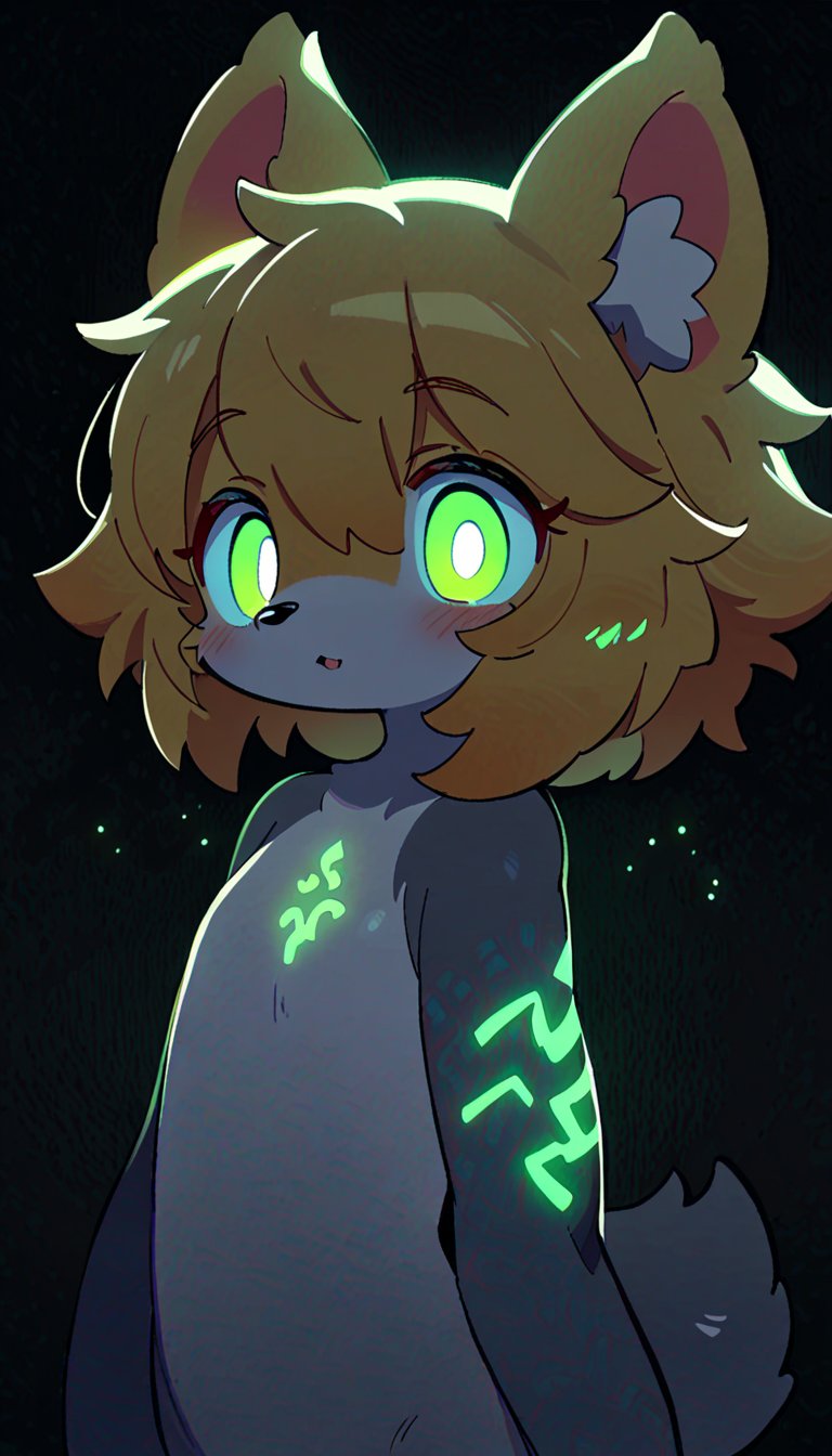 (furry:1.3),anthro,cute,kawaii,1girl,solo,dog ears,blonde hair,gradient brown eyes,indoors,(dark room:1.4),her body adorned with (glowing neon green Ancient magical tattoo,upper body:1.5),high-contrast anime-style,full body,