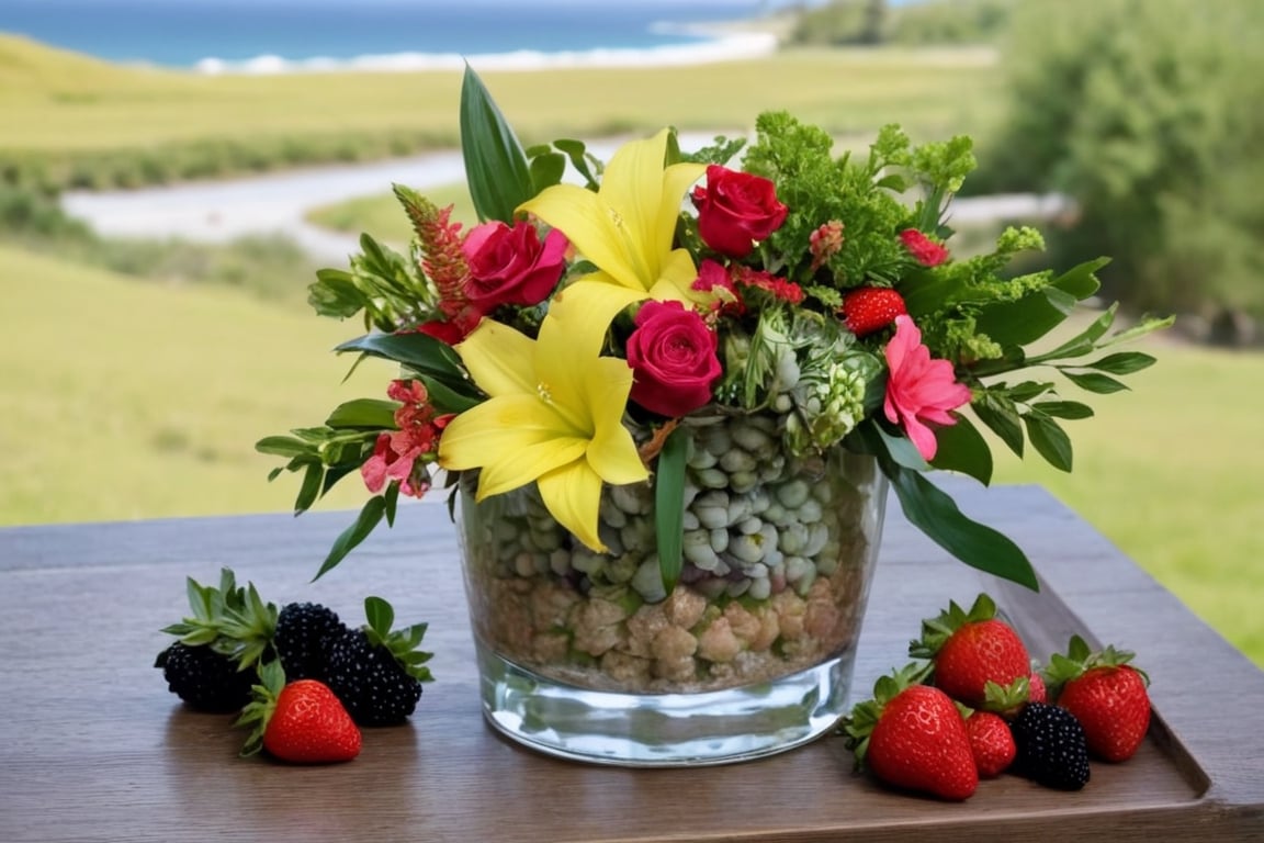 beautiful flower arrangement, exotic flowers in glass Love, (beach)Spring, center, beautiful bright colors, beautiful satin blanket, small Blackberries, small pineapple, small strawberries perfect flowers, well designed arrangement Feedback geben Seitenleisten landscape forest mountain river
