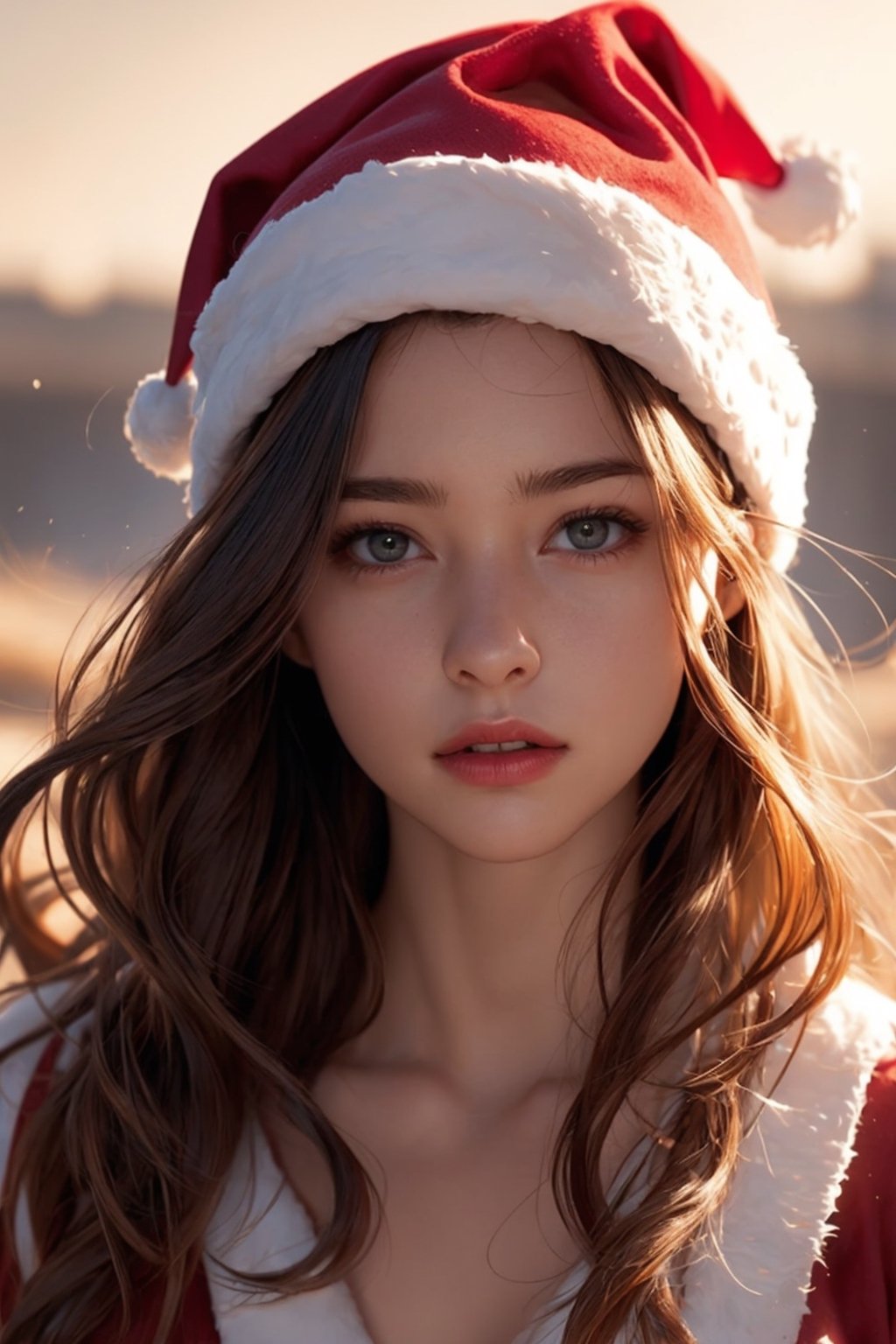 a 20 years old woman, santa clothes, santa hat (mid long wavy ginger or blonde or brown hair) wind ((Barbara Palvin:0.7), (Madison Beer:0.3)), christmas theme, soothing tones, muted colors, high contrast, (natural skin texture, hyperrealism, dramatic light, sharp) artistic photoshoot