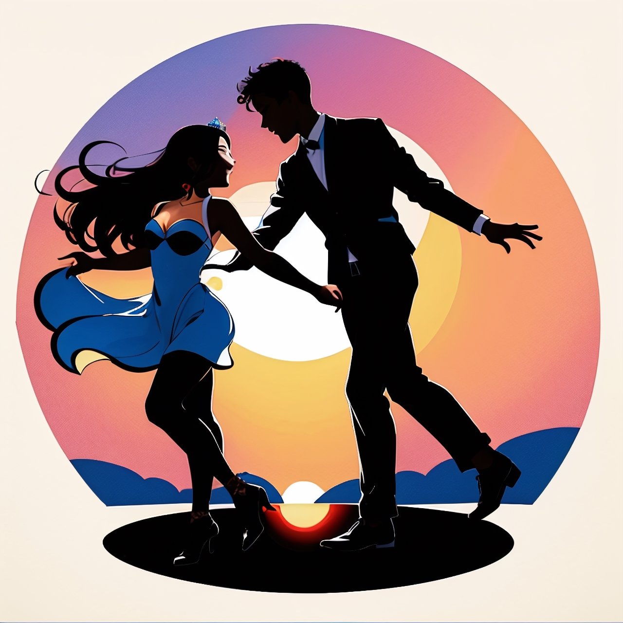 Dark silhowette of a couple dancing, set inside a round sunset background, against a single white five pointed star, colorful background,1 line drawing