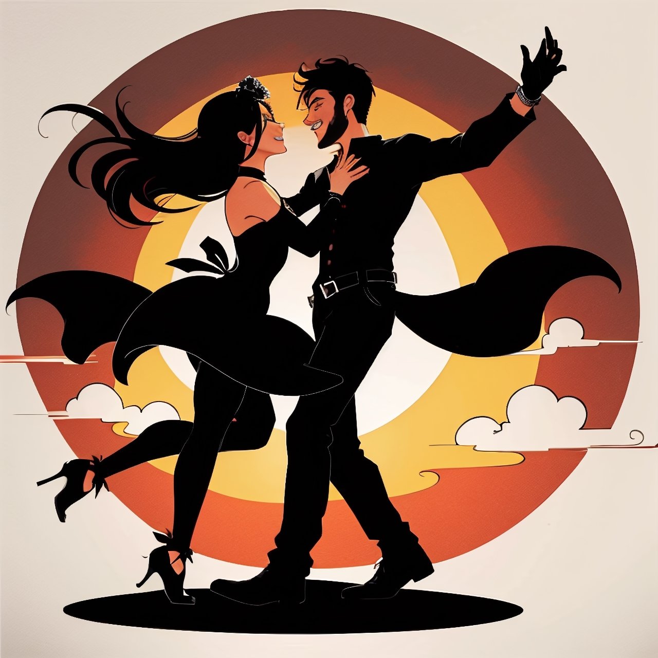 Dark silhowette of a couple dancing, against a single  five pointed star set inside a round sunset background, colorful,1 line drawing