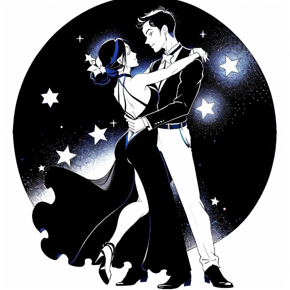 Dark black silhowette of a couple ballroom dancing inside a round background, (a single white star), 1 line drawing, graphical, three colors