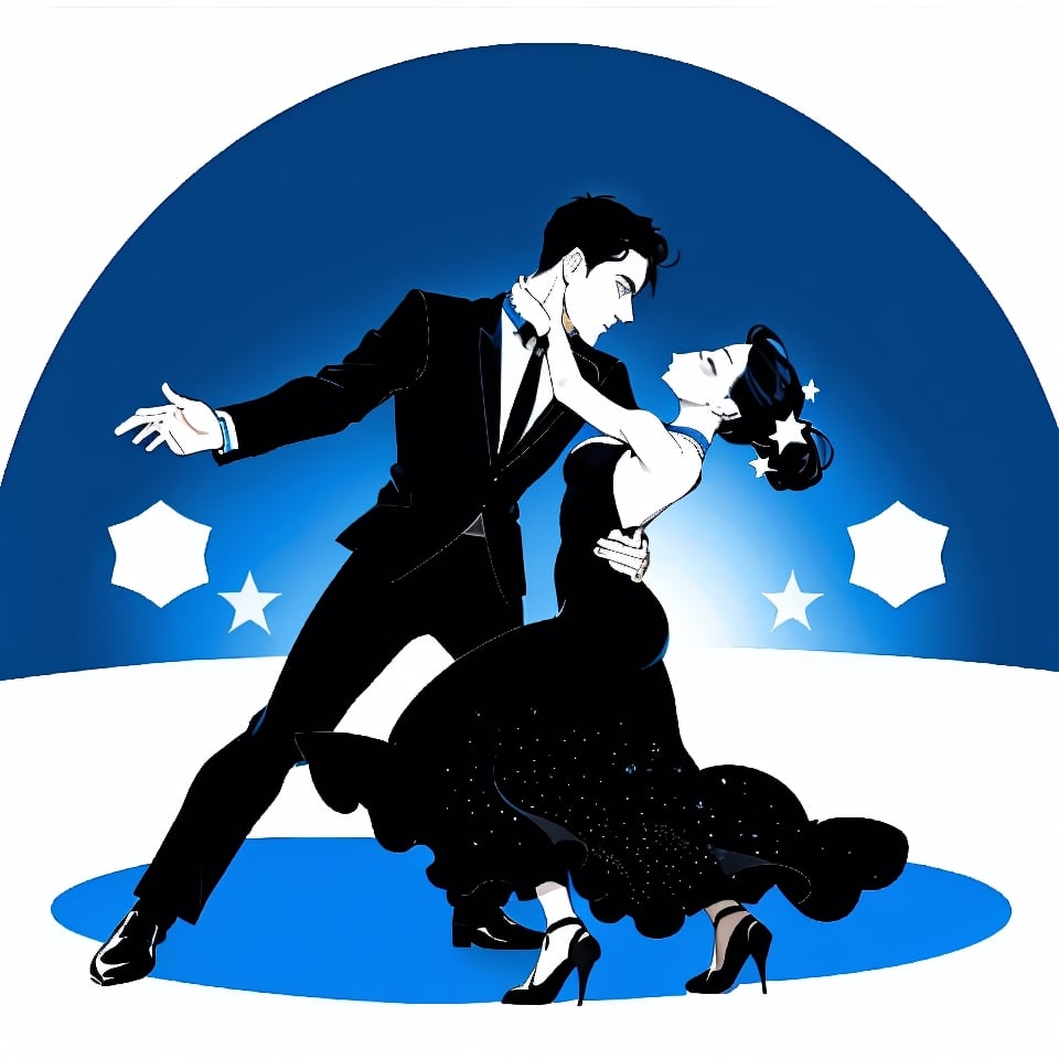 Dark black silhowette of a couple ballroom dancing inside a round blue background, (a single white star), 1 line drawing, graphical, three colors