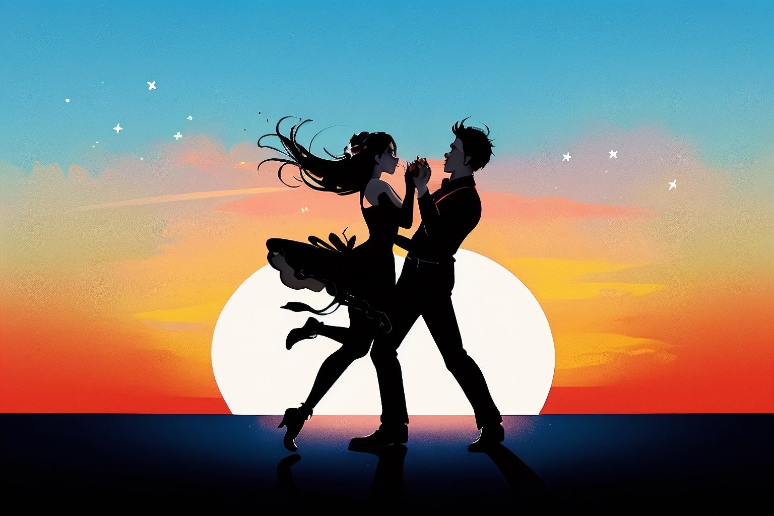 Dark silhowette of a couple dancing, against a single  five pointed star against a sunset background, colorful,1 line drawing