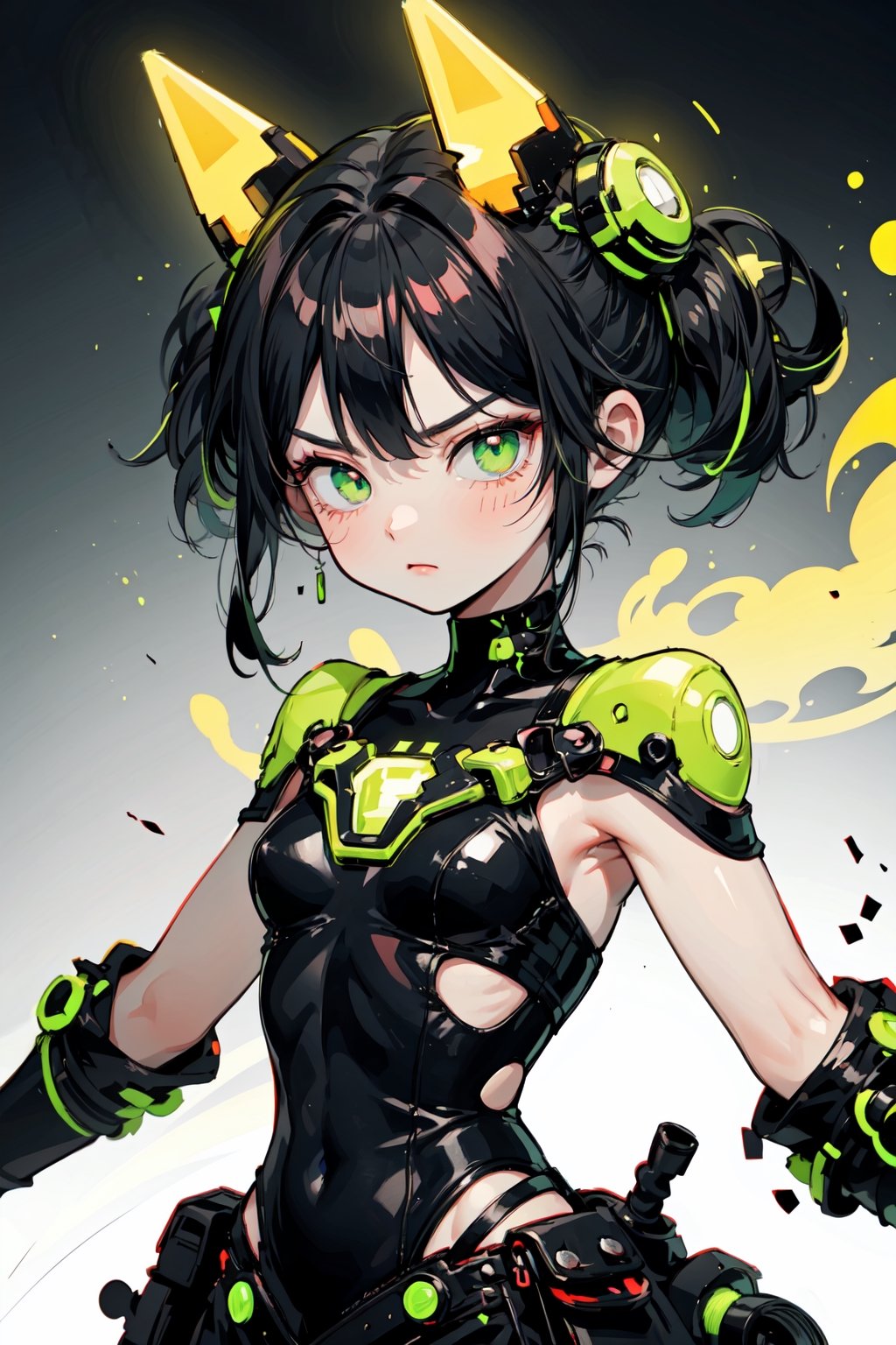 16 bit::5 , high quality, master piece, 80s anime::5 ,a white girl with black hair and neon green highlights with all black leather outfit::5 ,dynamic pose ,damaged body, serious face,--no background, weird body, weird face, low quality, weird anatomy, neon green highlights, black hair --ar 9:16