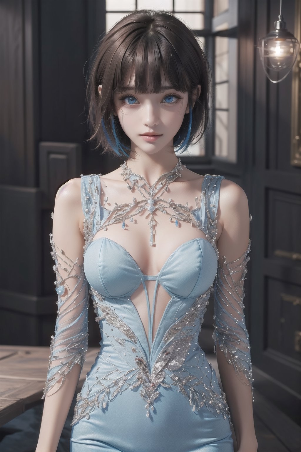 (masterpiece),1girl, short hair, bangs, whit hair color, light blue eyes, midage bodysuits, ,sparkly dress