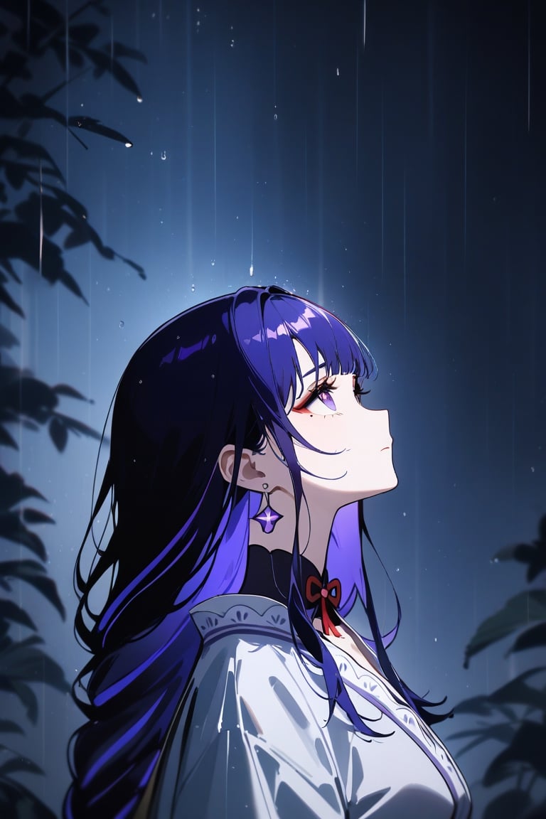 1girl, raiden_shogun, jewelry, solo, purple_hair, long_hair, white yukata, earrings, upper_body, purple_eyes, eyeshadow, makeup, closed_mouth ,gothic theme, chromatic_aberration, masterpiece, best quality, very aesthetic, absurdres, HareS, looking up, raining, looking far away