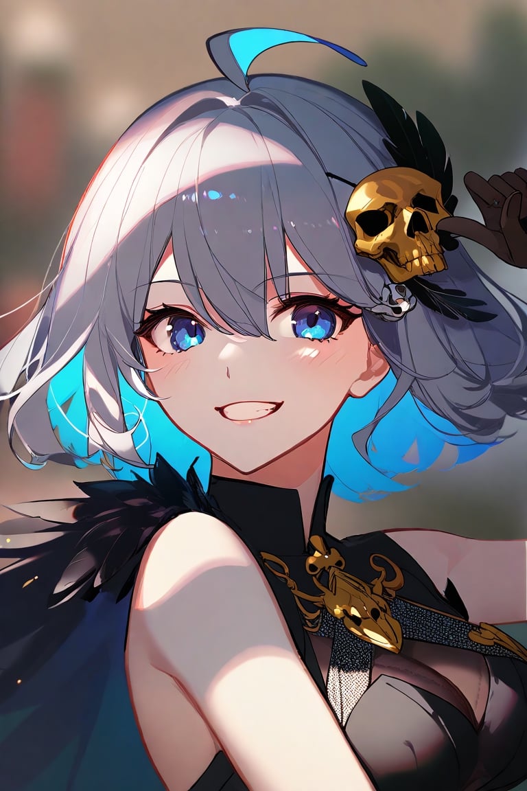 ((by ask)),amazing quality, masterpiece, best quality, absurdres, beautiful, detailed shadow, aesthetic,chromatic aberration, blurry background,1girl, breasts, solo, smile, hair_ornament, cleavage, feathers, blue_eyes, gloves, skull_hair_ornament, looking_at_viewer, upper_body, grin, black_gloves, medium_breasts, v, arm_up, blush, cape, two_side_up, bangs, ahoge, dress, hair_between_eyes, armpits, sleeveless, medium_hair, black_dress, grey_hair, ach_ciloranko-artist, chromatic aberration