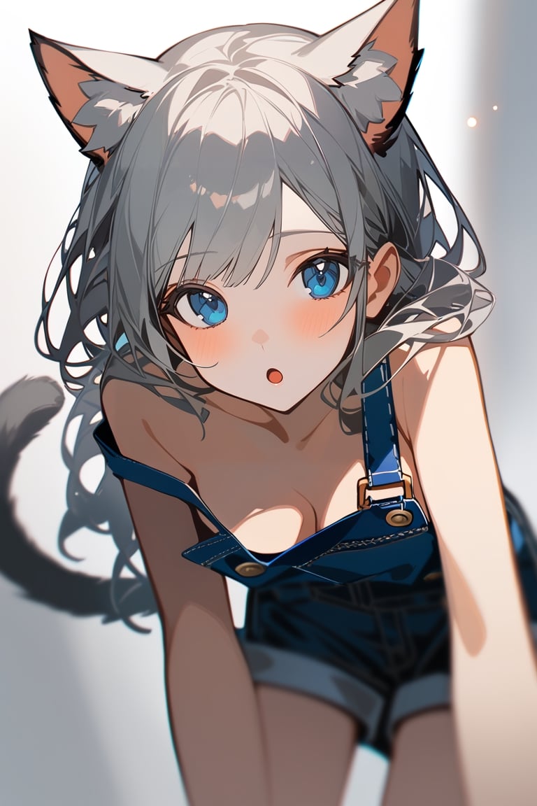 (chromatic aberration:1.3),chromatic aberration, blurry, blurry background,1girl, breasts, solo, overalls, animal_ears, naked_overalls, long_hair, cat_ears, tail, looking_at_viewer, cat_tail, blush, white_background, strap_slip, downblouse, blue_eyes, simple_background, bare_shoulders, animal_ear_fluff, medium_breasts, leaning_forward, cat_girl, bangs, collarbone, open_mouth, very_long_hair, parted_lips, extra_ears, :o, white_hair, no_bra, cleavage, grey_hair, dynamic blur, detailed, beautiful color, amazing quality, particle,ach_ciloranko-artist