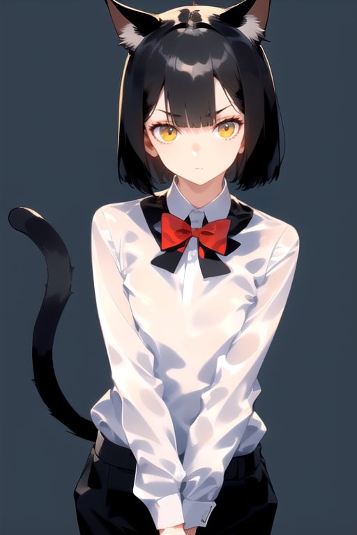 masterpiece, shiny hair and skin, transparent background, depth of field, colorful, 1girl, animal_ears, tail, solo, black_hair, cat_tail, yellow_eyes, cat_ears, bow, short_hair, shirt, bowtie, vest, black_vest, black_pants, simple_background, pants, cat_girl, looking_at_viewer, black_bow, arms_behind_back, grey_background, bangs, white_shirt, long_sleeves, black_bowtie, closed_mouth, collared_shirt, bob_cut, cropped_legs, blunt_bangs, cowboy_shot ,watercolor