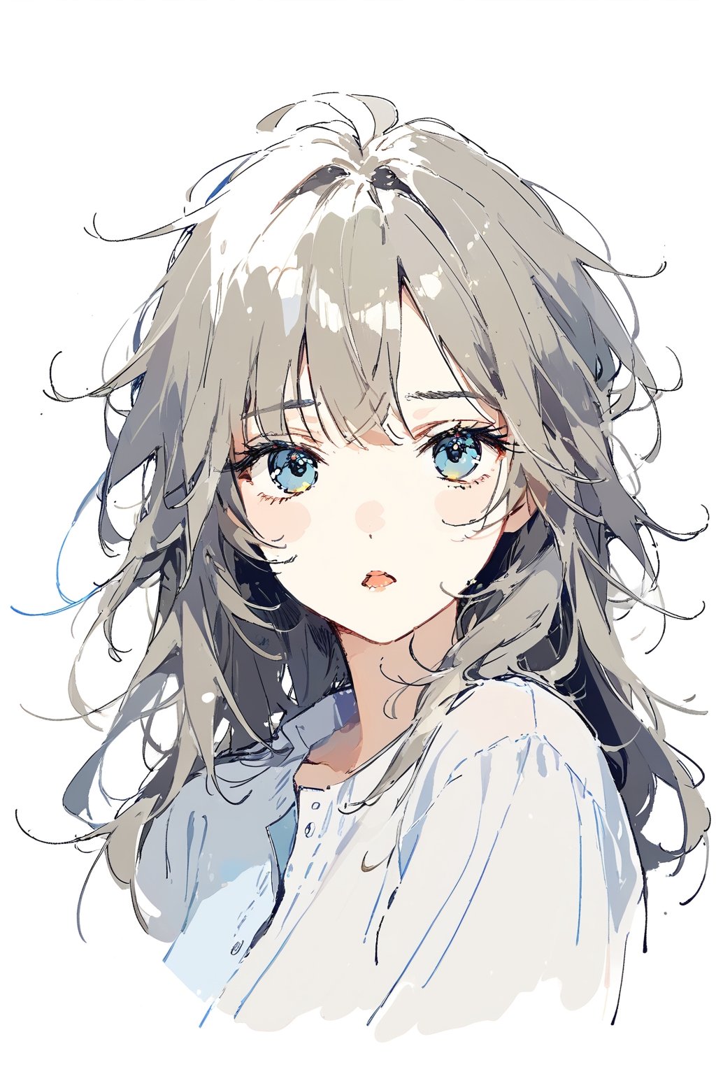 solo, 1girl, long_hair, ?, sketch, upper_body, simple_background, white_background, hair_between_eyes, looking_at_viewer, parted_lips, shirt, messy_hair, open_mouth, bangs