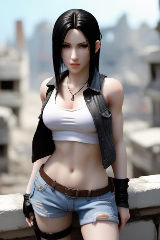 tifa lockheart,little clothing,highly detailed, in a city, ruins in background.,Expressiveh
