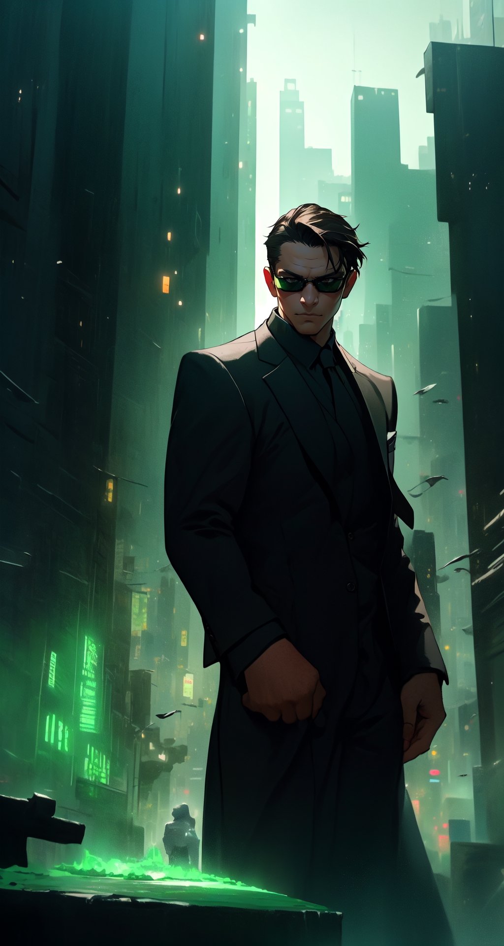 Master masterpiece, high-definition picture quality, matrix style, Matrix, ((1matureman)), the correct body proportion, black glasses, short hair, brown eyes, city, green, floating, all-black suit, dark night, buildings, Code matrix cascading from top to bottom, Cyberpunk