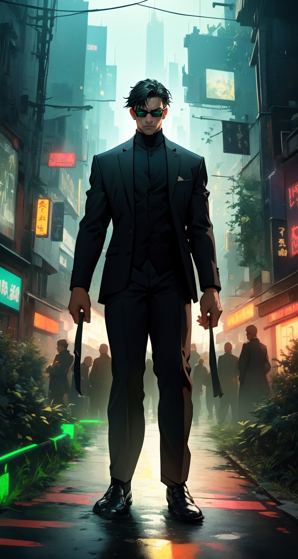 Master masterpiece, high-definition picture quality, matrix style, Matrix, ((1matureman)), the correct body proportion, black glasses, short-hair, brown_eyes, city, green, all-black suit, dark night, buildings, Code matrix cascading from top to bottom, Cyberpunk