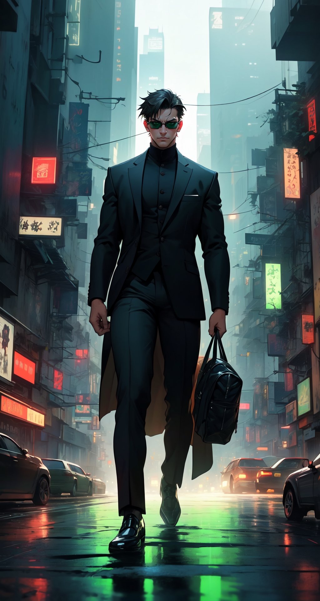 Master masterpiece, high-definition picture quality, matrix style, Matrix, ((1matureman)), the correct body proportion, black glasses, short-hair, brown_eyes, city, green, all-black suit, dark night, buildings, Code matrix cascading from top to bottom, Cyberpunk