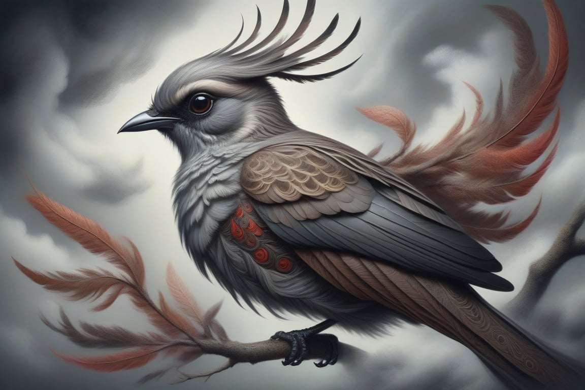 A mesmerizing abstract illustration of a Grayish Baywing bird perched on tree branches amidst swirling clouds. The bird's brownish-gray plumage shines with reddish-brown wing feathers, black eyes, and short stubby beak. Against a muted gray background, the illustration bursts with colorful vector shapes, bold lines, and detailed textures. Sharp details and intricate patterns dance across the composition, evoking Bauhaus aesthetics and 2004's visual style. A masterpiece of ink art, reminiscent of David Carson, Eddie Opara, and Michael Bierut's design philosophies.