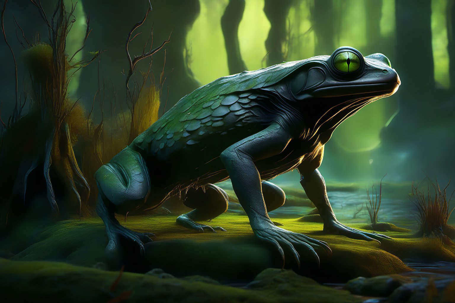 A creature with a striking fusion of canine and amphibian features: the upper half resembles a sleek dog, while the lower half morphs into a green frog-like being. The camera frames the subject from a low angle, emphasizing its imposing stature as it stands on a moss-covered stone pedestal amidst a misty forest glade. Soft, diffused light highlights the creature's intricate textures and scaly patterns.