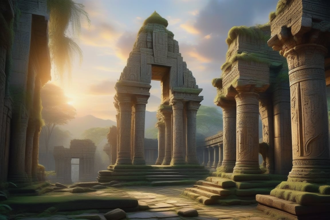 A majestic temple stands amidst crumbling ruins, its intricate stone carvings worn by time's relentless passage. Weathered columns rise like skeletal fingers towards a desolate sky, while vines and moss reclaim the once-proud structure. Ancient artifacts lie scattered, a testament to a long-lost culture, as the golden light of sunset casts a warm glow on the timeless scene.