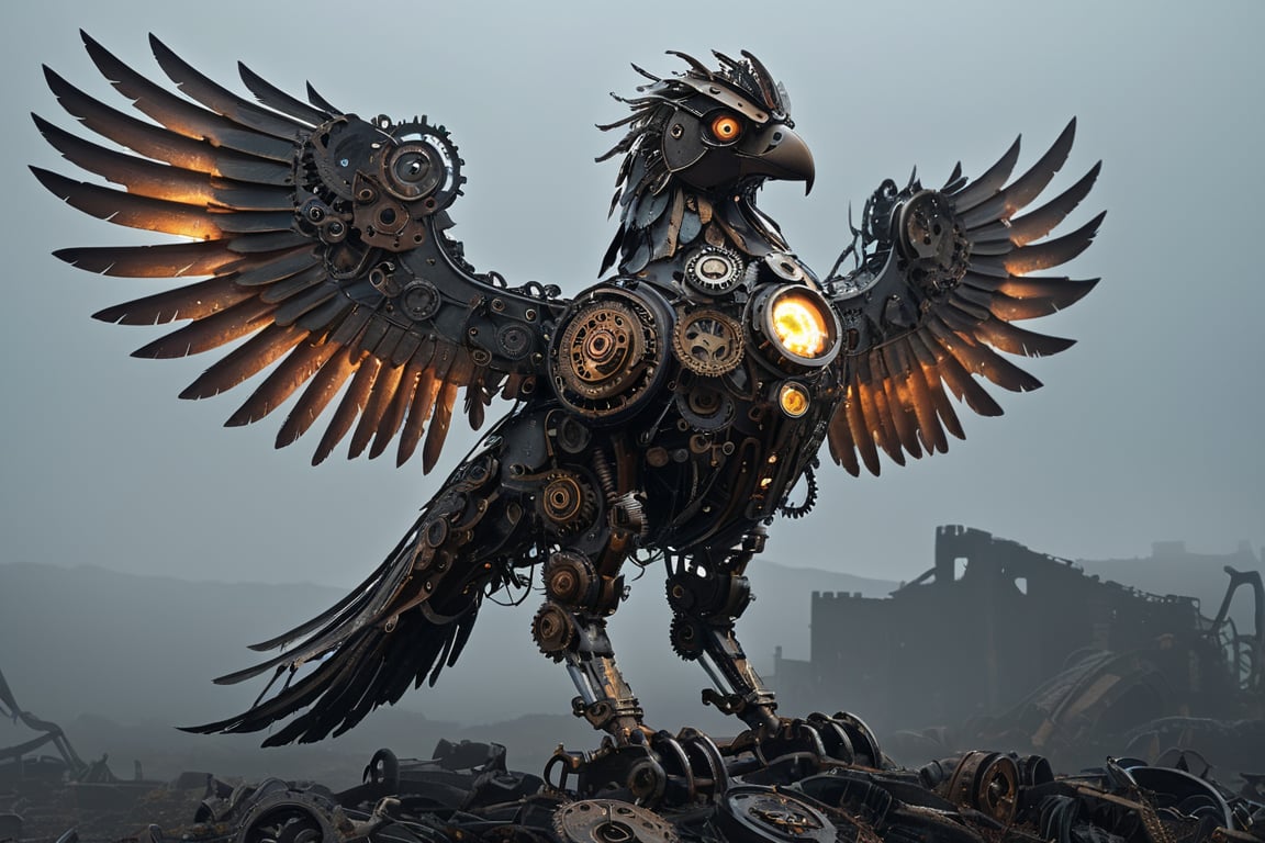 A griffin,made from gears rusted metal, and glowing parts, with its wings spread wide. The griffin's body is an intricate assembly of interlocking gears and corroded metal plates, giving it a rugged, industrial appearance. Its eyes and certain joints feature glowing, luminescent elements that pulse with an eerie light. The wings, constructed from overlapping metal feathers, are extended majestically, each feather adorned with tiny, glowing circuits. The background is a dark, misty landscape with hints of ancient ruins, enhancing the mythical and mechanical nature of this fantastical creature,adding to the steampunk atmosphere.",Mechanical