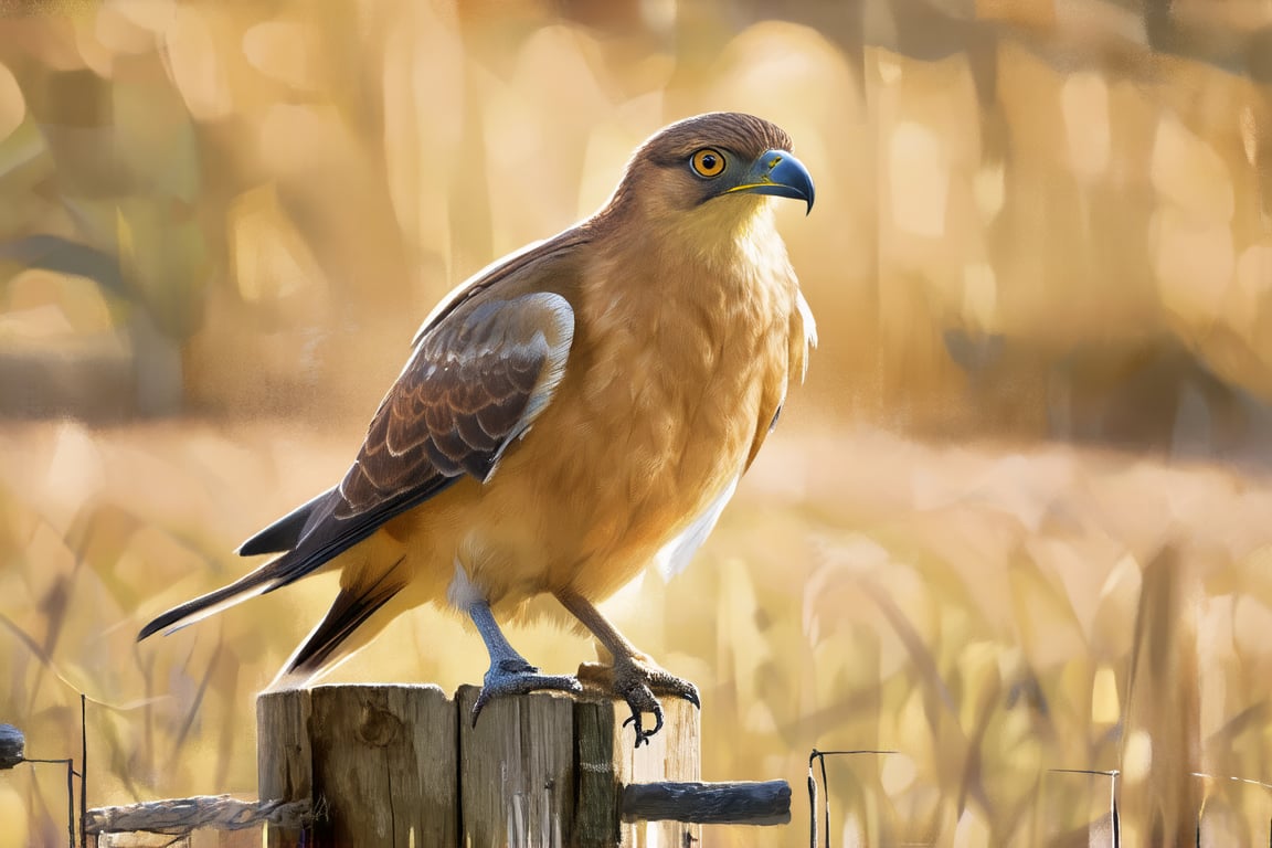 A majestic hawk perches on a weathered wooden fence post, its piercing eyes scanning the horizon as the warm sunlight casts long shadows across the rustic landscape. The bird's feathers appear golden in the late afternoon light, with subtle brown and white undertones.