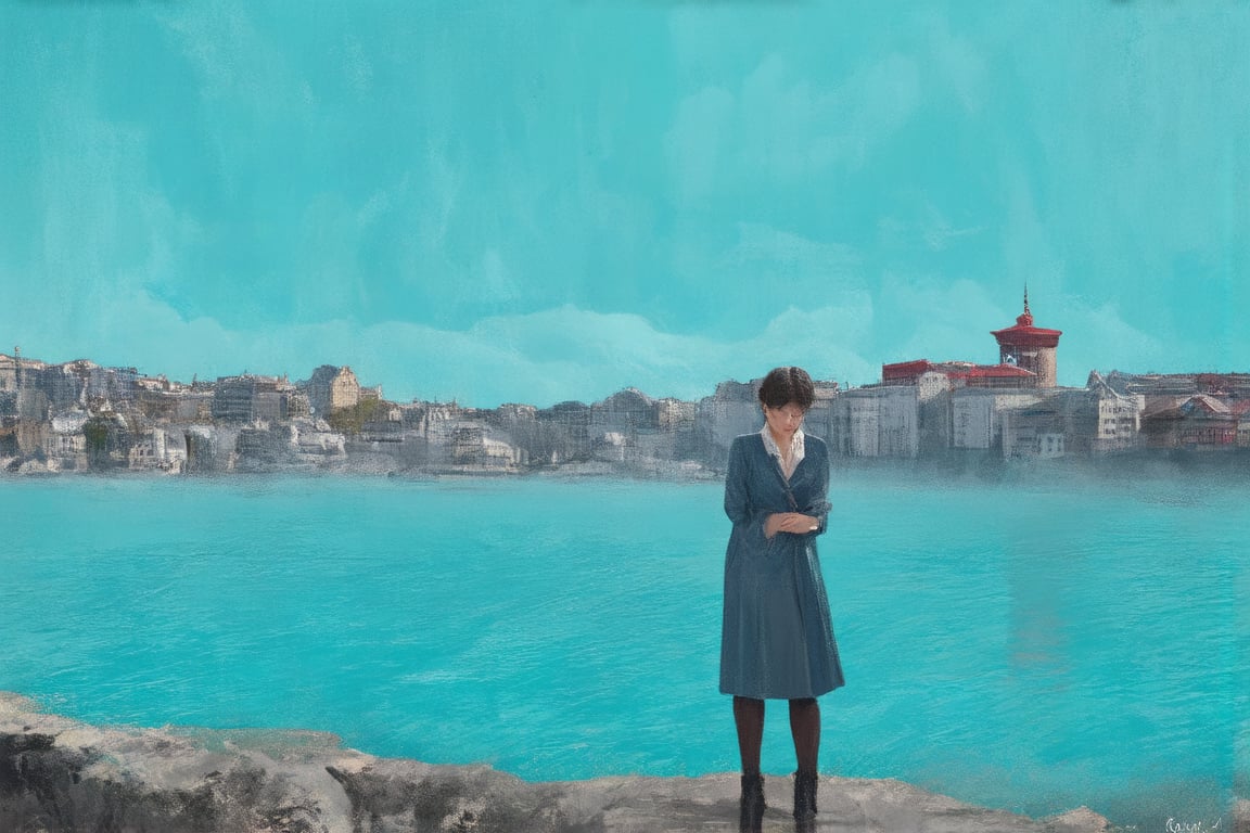 A surreal scene unfolds: a majestic lake, Lake Onega's tranquil surface reflecting the sky's cerulean hue. In the distance, Petrozavodsk's cityscape rises, a patchwork of Soviet-era architecture and modern structures. A lone figure, dressed in 1960s-inspired attire, stands at the water's edge, hands clasped behind their back, lost in thought. The air is heavy with mist, as if the lake itself holds secrets.