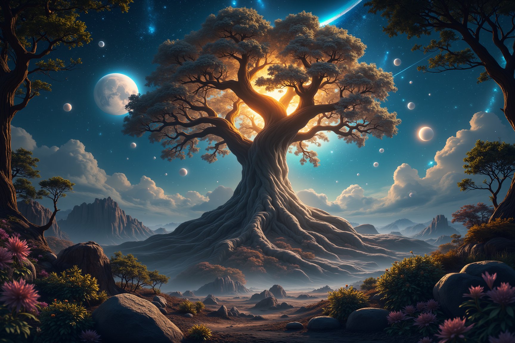 A 4K, realistic, fantasy image of a majestic Pohon dunia semesta (Tree of the Universe), with intricate, glowing roots extending into a cosmic landscape. The tree's branches are adorned with shimmering, otherworldly leaves, and celestial bodies float around it. The scene is bathed in soft, ethereal light, with a wide shot capturing the awe-inspiring scale and mystical atmosphere.