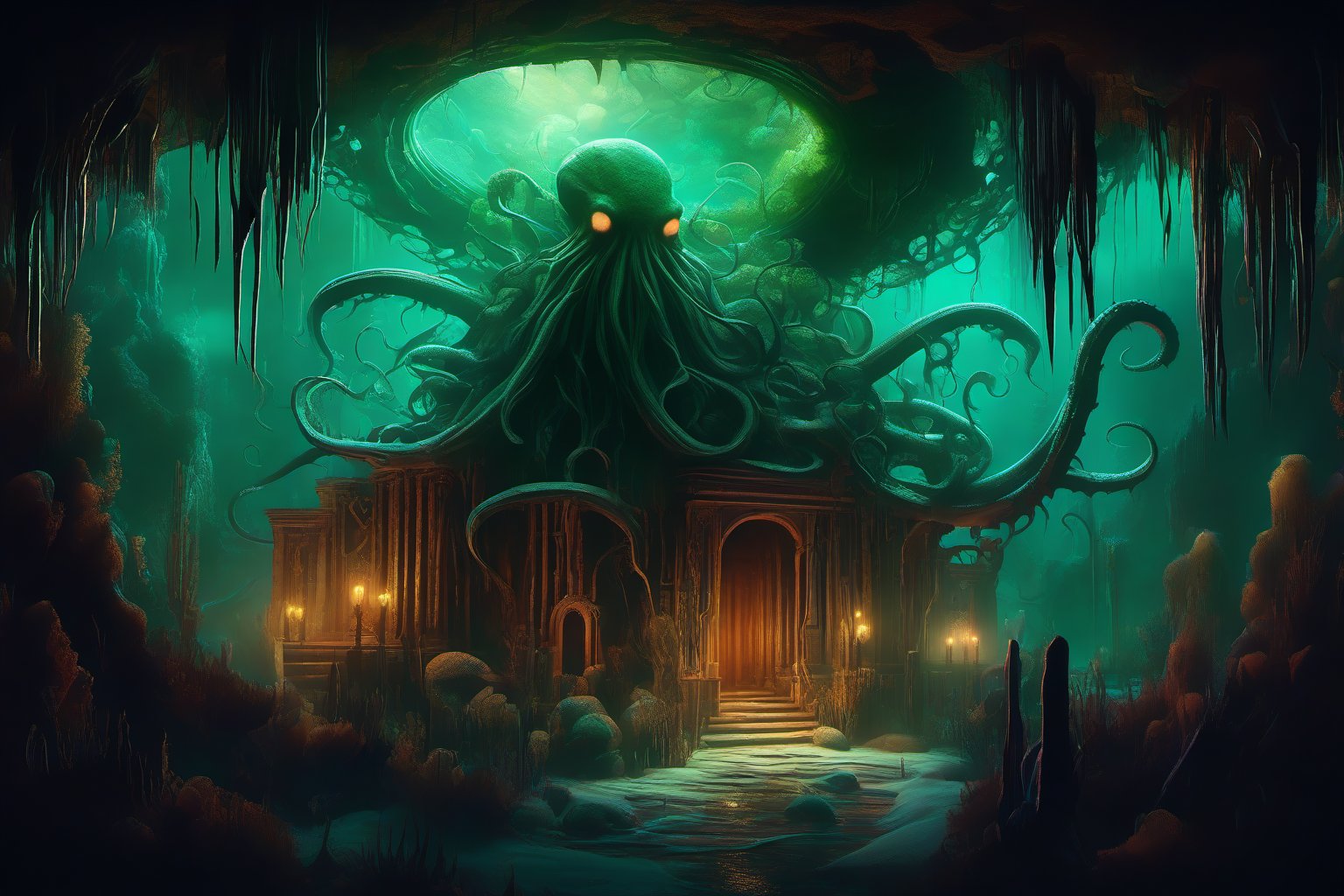 A dark, ominous underwater lair, with ancient ruins covered in coral and seaweed, lit by flickering bioluminescent creatures. In the center, Cthulhu's massive, tentacled head rises from the sand, eyes glowing with malevolent green light, surrounded by a halo of eerie mist.