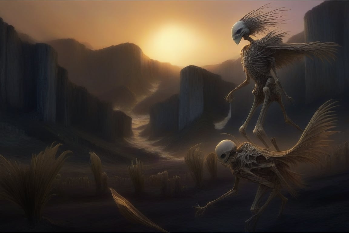 A warm atardecer light casts a golden glow on the skeletal remains of Ciervos and Cuervos, their bony bodies arranged in a macabre dance amidst the Flores that have begun to wilt, against the backdrop of a desolate landscape with Moustros looming large in the background, its esqueletos-like wings spread wide as if guarding the fading light, shadows dancing across the terrain as the sun dips below the horizon.