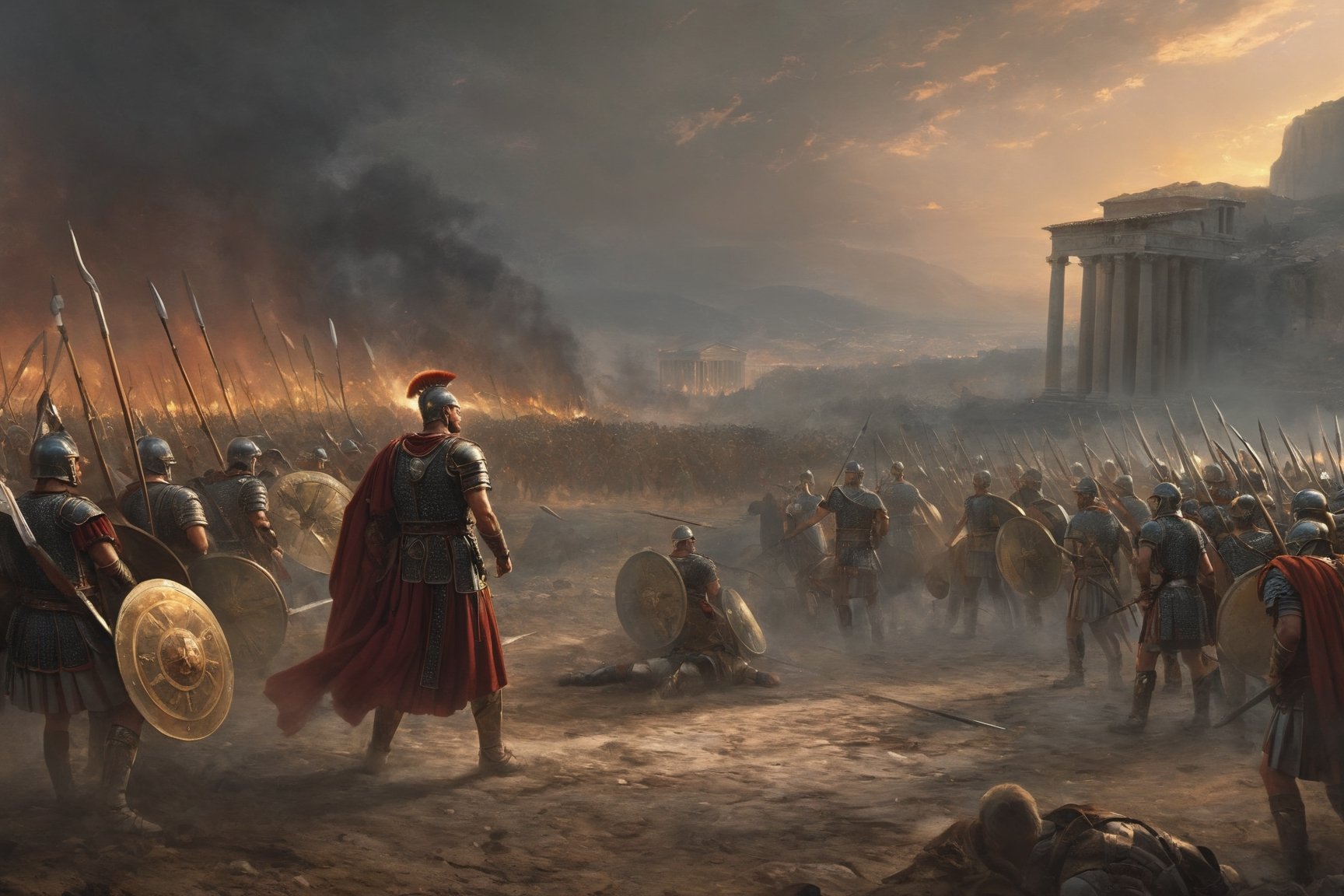 In this intriguing image, we see a fierce and determined Roman Empire war general, positioned at the front line, ready to lead his army into battle against the opposing forces. The general's commanding presence is intensified by the backdrop of the newly descended dusk, casting a subtle, ethereal light upon the scene. The army of angry Roman warriors stands resolutely behind their leader, their expressions reflecting their unwavering loyalty and readiness for war. This captivating image, perhaps an intricately detailed painting, showcases the intensity and passion of the moment, transporting viewers to a pivotal point in history where the fate of the empire hangs in the balance.,ghost person