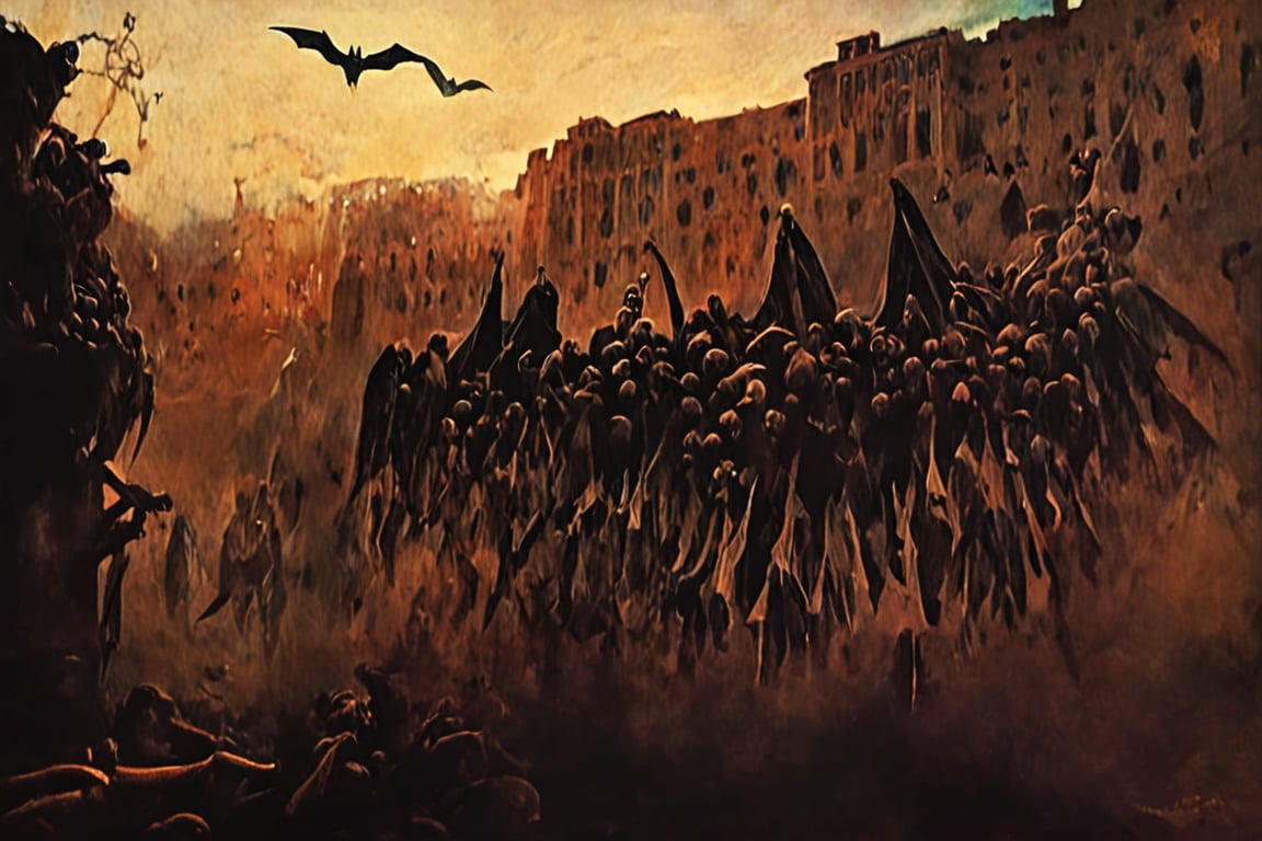 Sinister bats flying in the twilight,digital artwork by Beksinski,LegendDarkFantasy