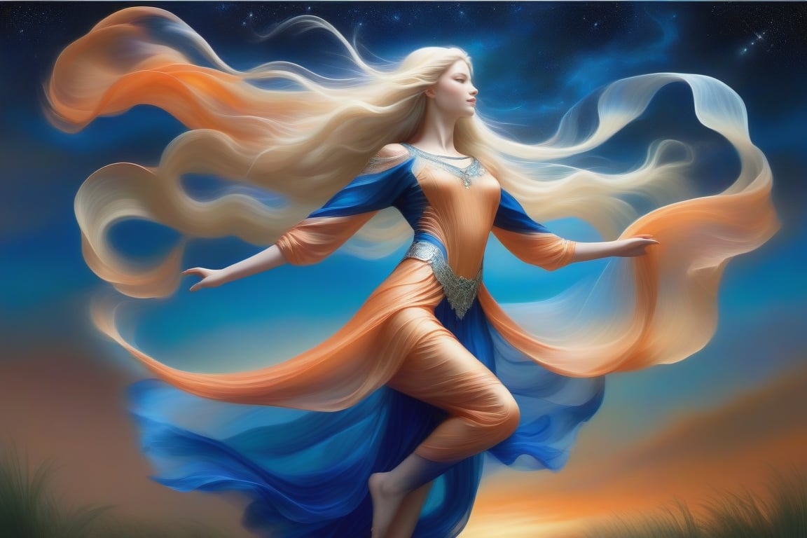 A Phoenician-inspired masterpiece depicts a serene maiden gliding through a lush, orange-tinged meadow under the radiant glow of a full, azure moon. Her flowing attire, reminiscent of pictorial fabrics, billows behind her as she moves with ethereal grace. The flower-power atmosphere is alive with vibrant petals and the gentle rustle of blades. In this romanticized, realistic portrayal, the dancer's pose captures the essence of fluid motion, set against a dreamy backdrop of stars and moonlit clouds.
