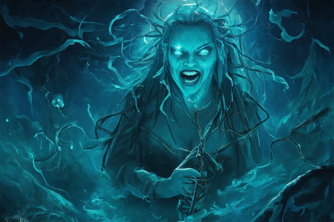 A hauntingly lit underwater scene: a grotesque, repulsive witch emerges from the dark depths of the ocean, her bulbous eyes glowing like bioluminescent orbs amidst swirling seaweed. Her warty skin glistens with oily sheen as she cackles maniacally, her twisted fingers grasping a rusted fishing net. The dim blue light of the ocean's twilight casts long shadows behind her, making her monstrous form seem even more ominous.