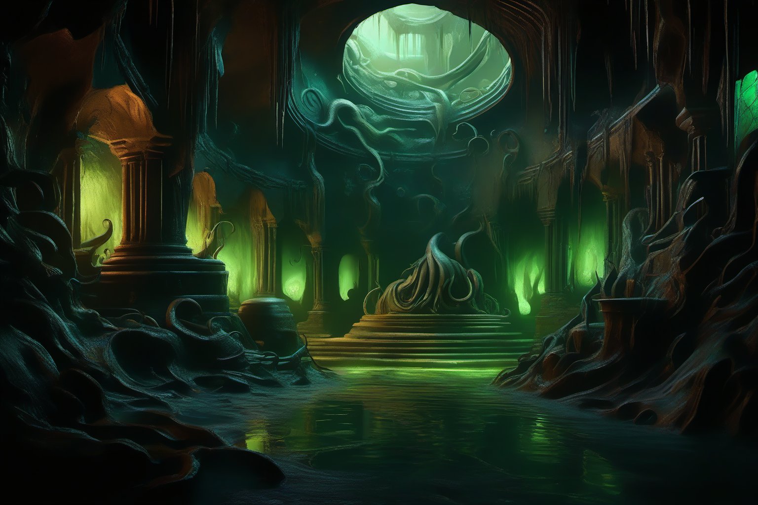 A dimly lit, eerie chamber deep beneath the waves. Cthulhu, the Great Old One, rises from the depths, its massive tentacles writhing like living darkness. The air is thick with malevolent energy as the sea god's bulging eyes glow with an otherworldly green light. Fungal growths and dripping seaweed adorn the stone walls, while ancient, forgotten rituals seem to seep into the atmosphere.