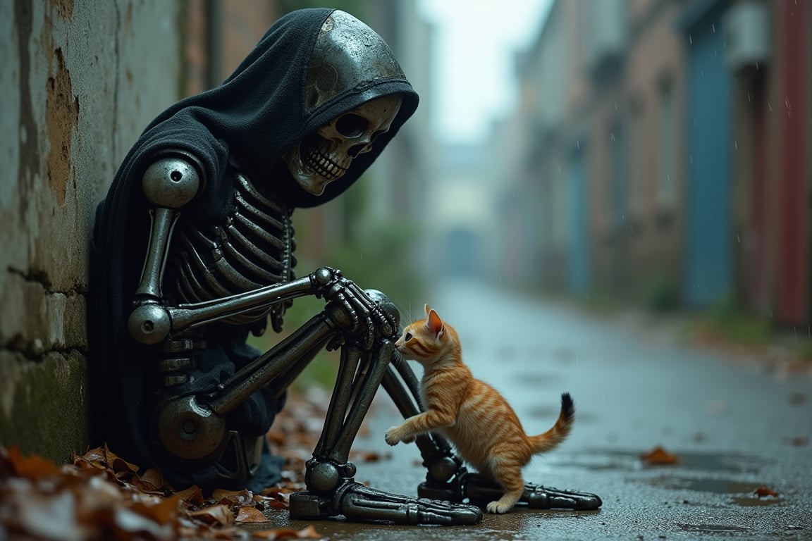 A abandoned terminator robot skeleton, covered in a hood, sits abandoned in a rain-soaked back alley. The weathered metal contrasts with the damp pavement, creating an eerie atmosphere. A curious kitten cautiously explores the skeleton's legs, its fur glistening with raindrops. The overall ambiance of the image is both melancholic and mysterious, evoking a sense of abandonment and the passage of time.