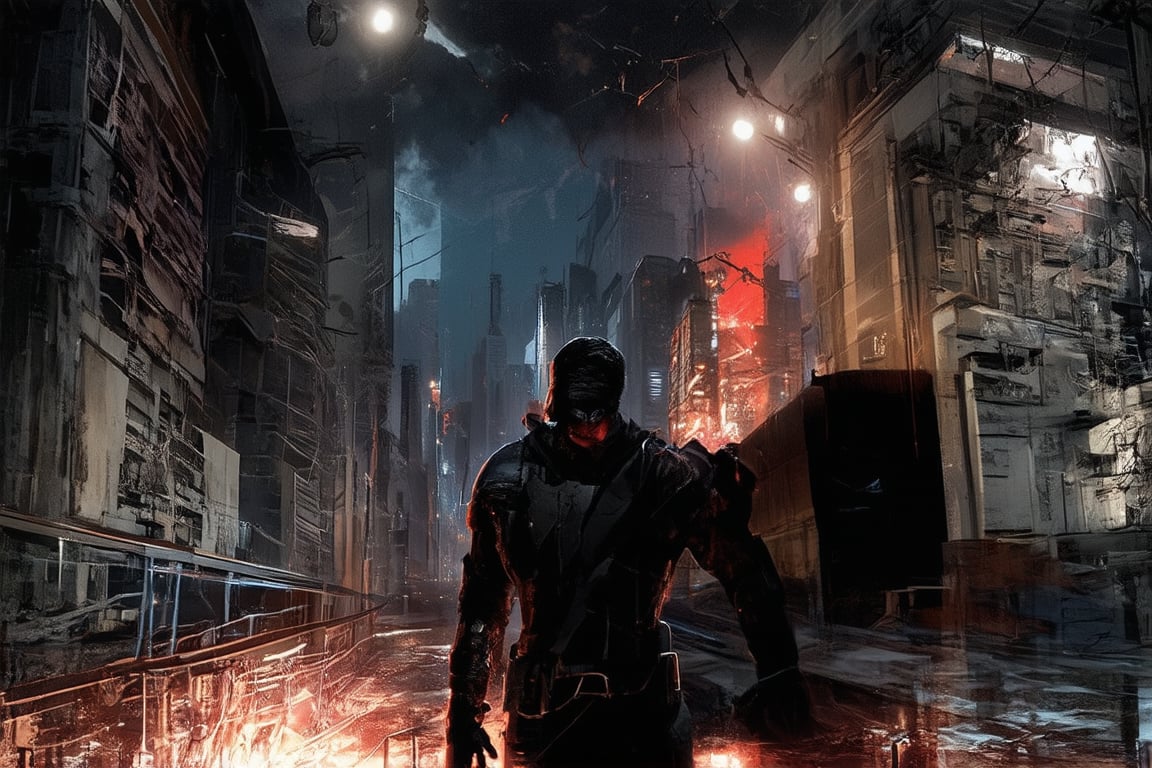 A gritty and intense scene: a figure, lit by harsh overhead lighting, stands defiantly amidst a desolate urban backdrop. The subject's determined gaze fixes on something just out of frame, as they clench their fist around a worn notebook. In the foreground, a city map appears torn, with red ink scrawling Amparo appeal in bold strokes. The atmosphere is charged with tension and defiance.