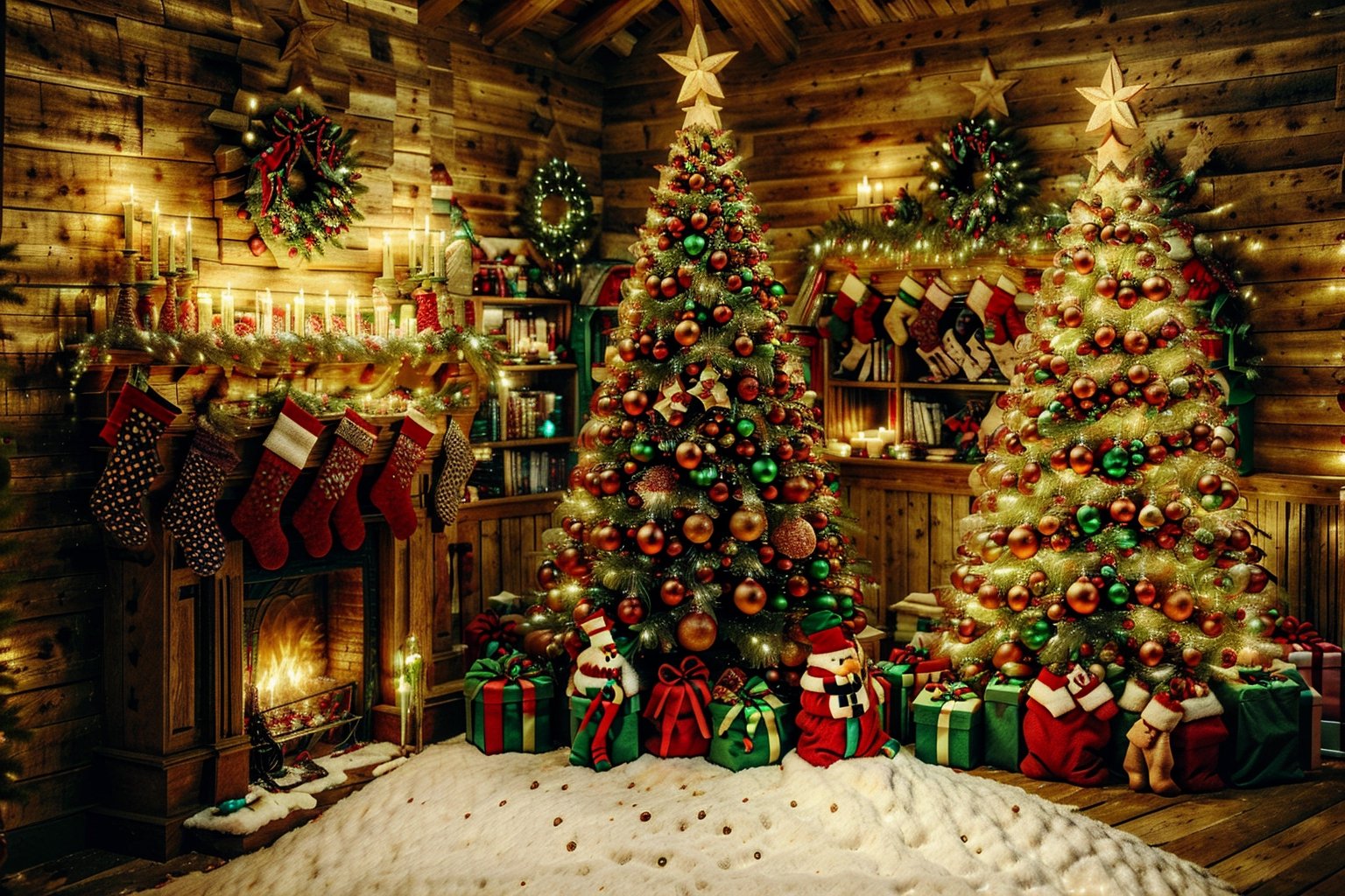 Christmas in the woods with Christmas trees and garlands with Christmas decorations and a very nice snowman,Christmas Room,happy_christmas_background