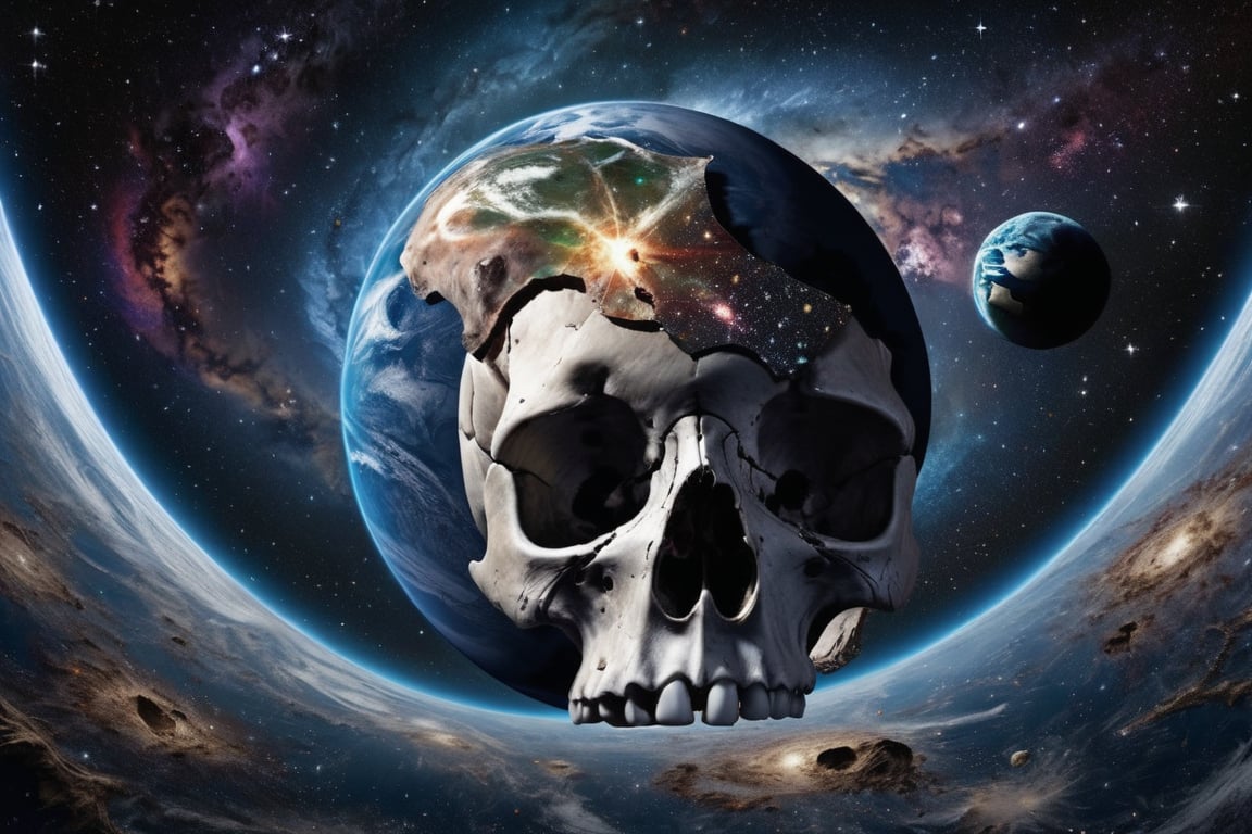 A striking, otherworldly image of Earth as a crumbling globe in the vastness of space. As the surface disintegrates, revealing a skull beneath, the fallen fragments float away into the dark cosmos. In the background, an intricate tapestry of stars and galaxies unfolds, reminding us of the universe's immense scale and the fragility of our planet.,