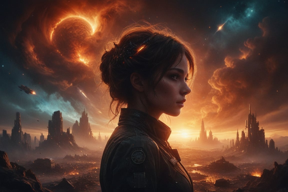 Create an image that shows a person looking 
to camera with his head slightly turned to show his profile. Within the silhouette of her elaborate hairstyle, an intricate sci-fi scene is depicted filled with spaceships locked in battle amid fiery explosions and distant planets against a starry sky backdrop. Use vibrant colors, including warm oranges and reds, to create explosions.