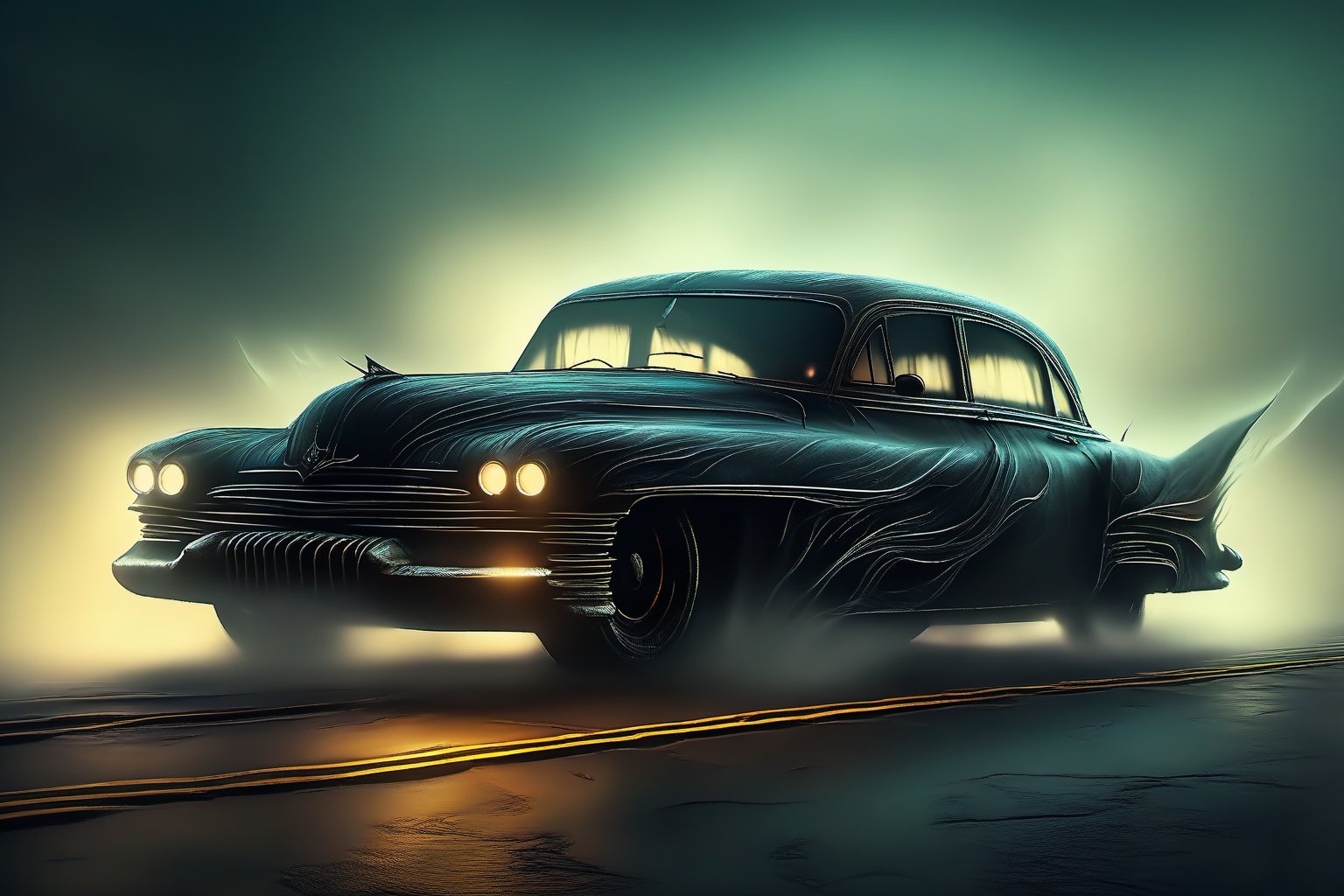 A ghostly sedan drifts eerily along a deserted highway at dusk, headlights flickering like fireflies in the misty veil of darkness. The vehicle's translucent form seems to dissolve into the fog, leaving only an ethereal outline behind.