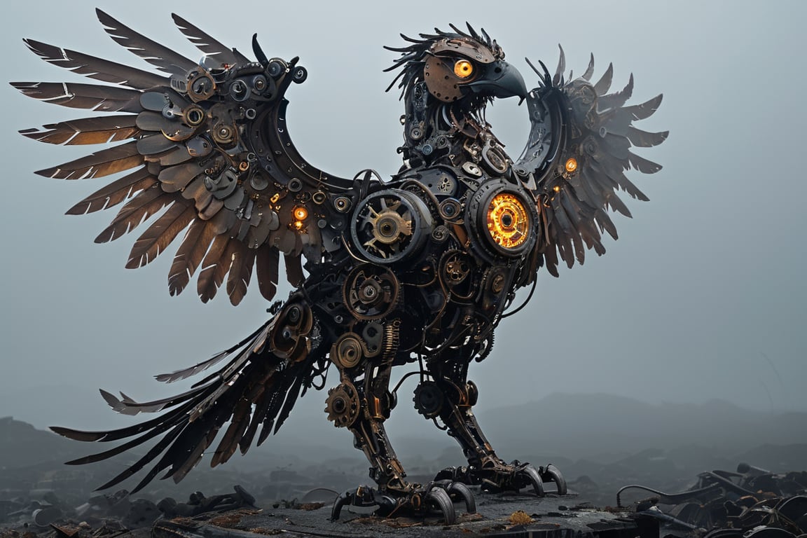 A griffin,made from gears rusted metal, and glowing parts, with its wings spread wide. The griffin's body is an intricate assembly of interlocking gears and corroded metal plates, giving it a rugged, industrial appearance. Its eyes and certain joints feature glowing, luminescent elements that pulse with an eerie light. The wings, constructed from overlapping metal feathers, are extended majestically, each feather adorned with tiny, glowing circuits. The background is a dark, misty landscape with hints of ancient ruins, enhancing the mythical and mechanical nature of this fantastical creature,adding to the steampunk atmosphere.",Mechanical