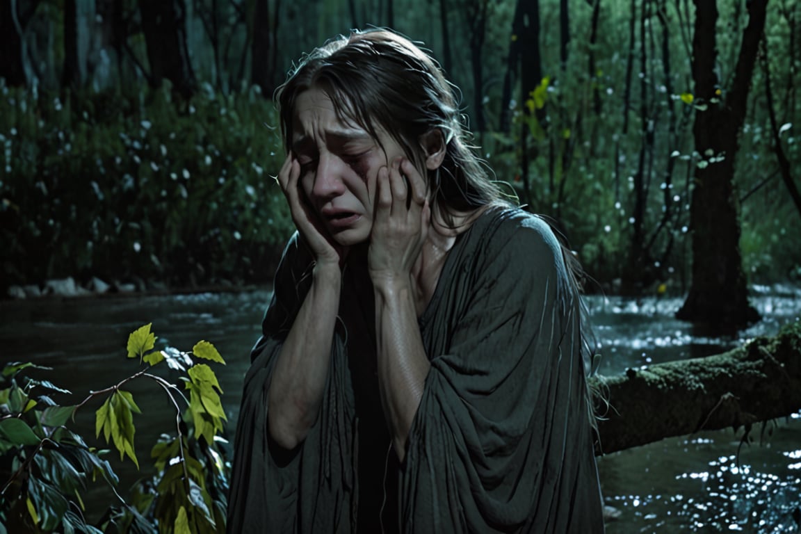 The weeping woman cries near the river, the loss of her son is at night and she is near a leafy and dark forest.