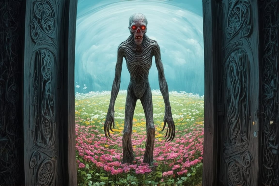 A fisheye lens captures the vibrant flower field, where petals stretch far and wide like a kaleidoscope of colors. In the midst of this beauty, an unexpected figure stands - a Ghoul on the other side of the wooden door. The door, crafted from lightweight cardboard or balsa wood, boasts intricate carvings and painted with whimsical hues, standing upright amidst the blossoms like a surreal discovery.,FuturEvoLab