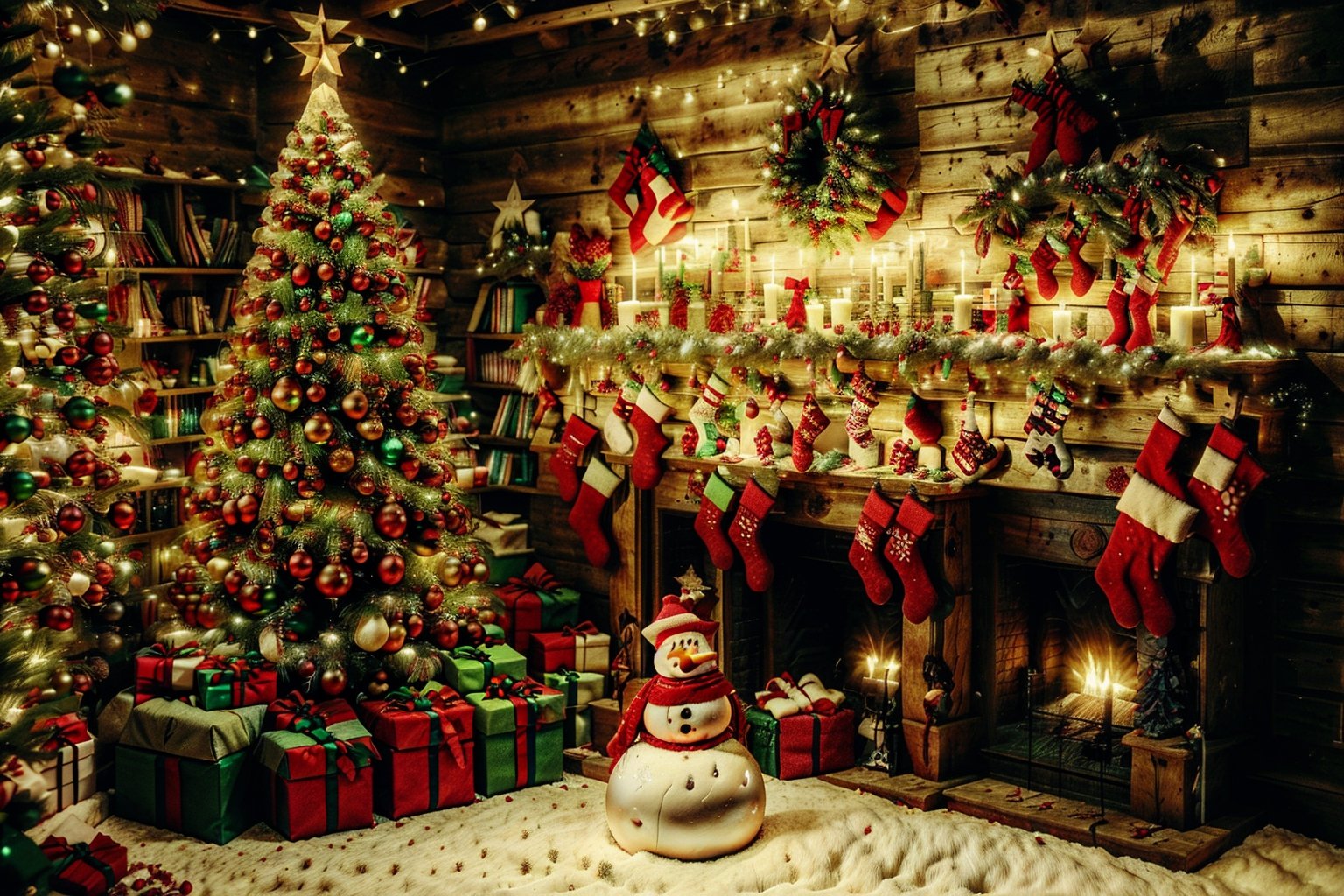 Christmas in the woods with Christmas trees and garlands with Christmas decorations and a very nice snowman,Christmas Room,happy_christmas_background