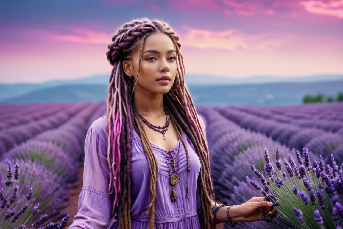 Realistic and Stunning woman dressed in purple and wearing boho clothes, long pink and purple dreadlocks and braids, stunning woman standing in the middle of a sea of ​​lavender, shades of violet blend with the purple hues of the surrounding flowers, high contrast between subject and background, lavender field stretching to the horizon, soft focus background, , natural light, ultra-fine and dramatic lighting.Realistic lighting, highly detailed