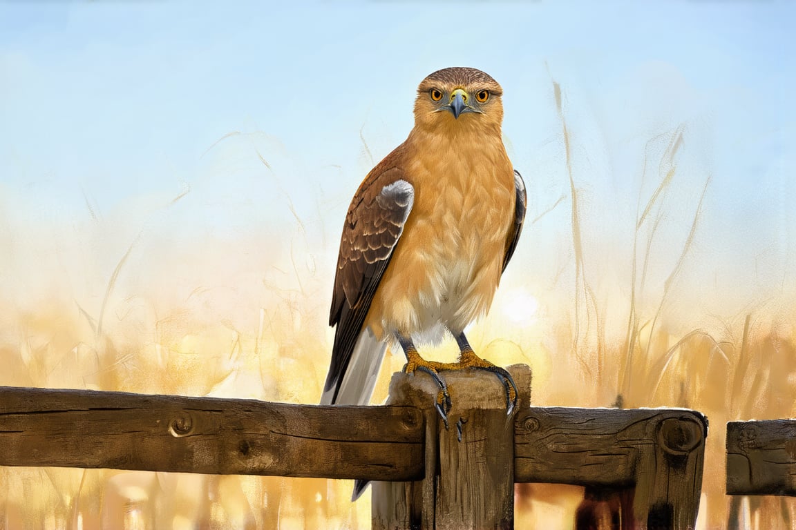 A majestic hawk perches on a weathered wooden fence post, its piercing eyes scanning the horizon as the warm sunlight casts long shadows across the rustic landscape. The bird's feathers appear golden in the late afternoon light, with subtle brown and white undertones.