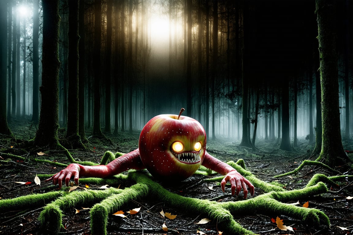 In a dark, foggy forest, a hyperrealistic photography captures an eerie and horror-filled scene: a twisted, apple-like monster creature sprawls across the forest floor, its core now home to claw-like branches that grasp at the air. (((Shiny eyes))) glimmer with an otherworldly intensity, while (((sharp teeth))) seem ready to strike. The fallen leaves and moss-covered ground create an atmosphere of foreboding, dark, eerie as the low-angle shot places the viewer in a position of vulnerability alongside this unsettling, anthropomorphic being.